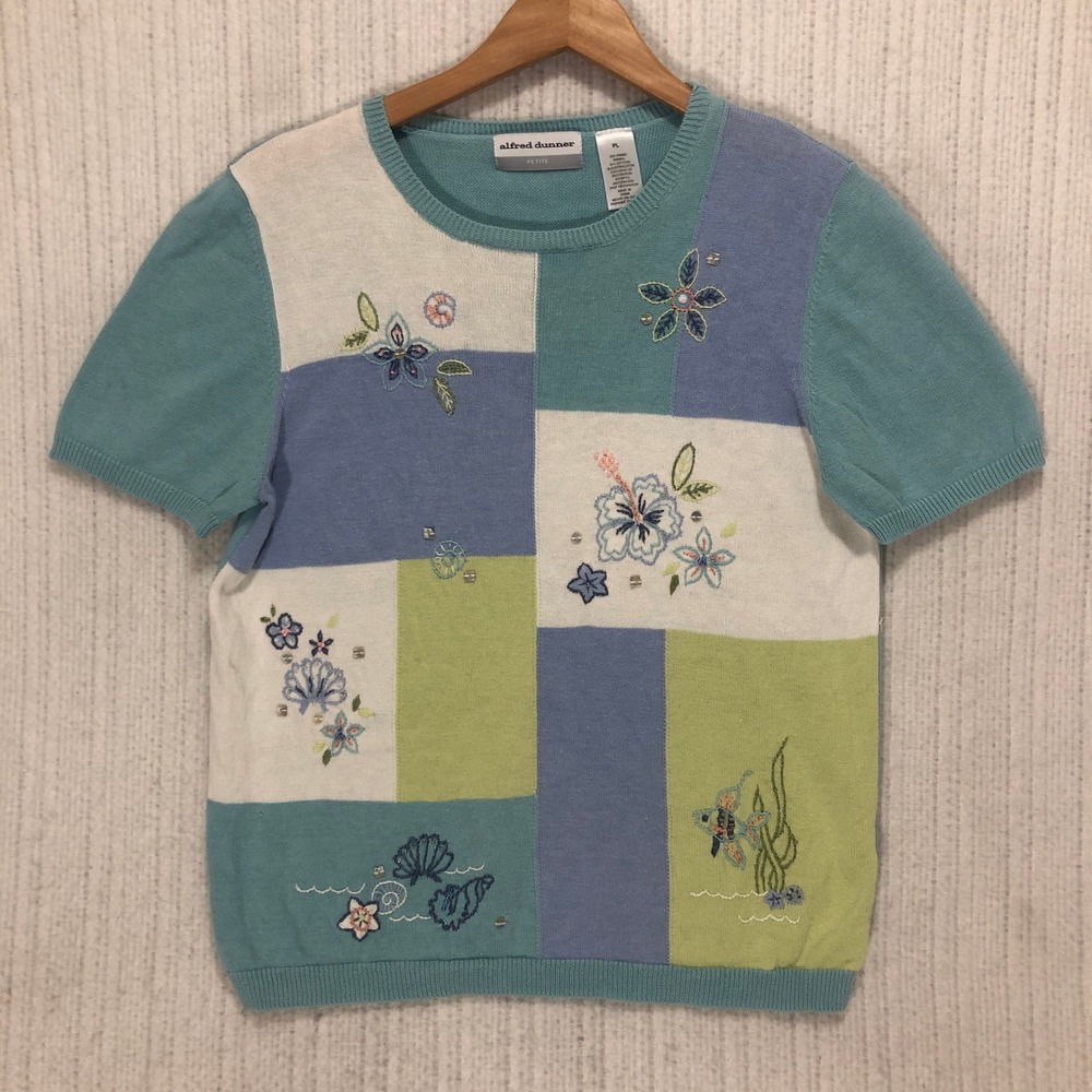 Alfred Dunner Petite Short Sleeve Sweater Blue Green Floral Coastal PL RN19232 - Picture 3 of 8